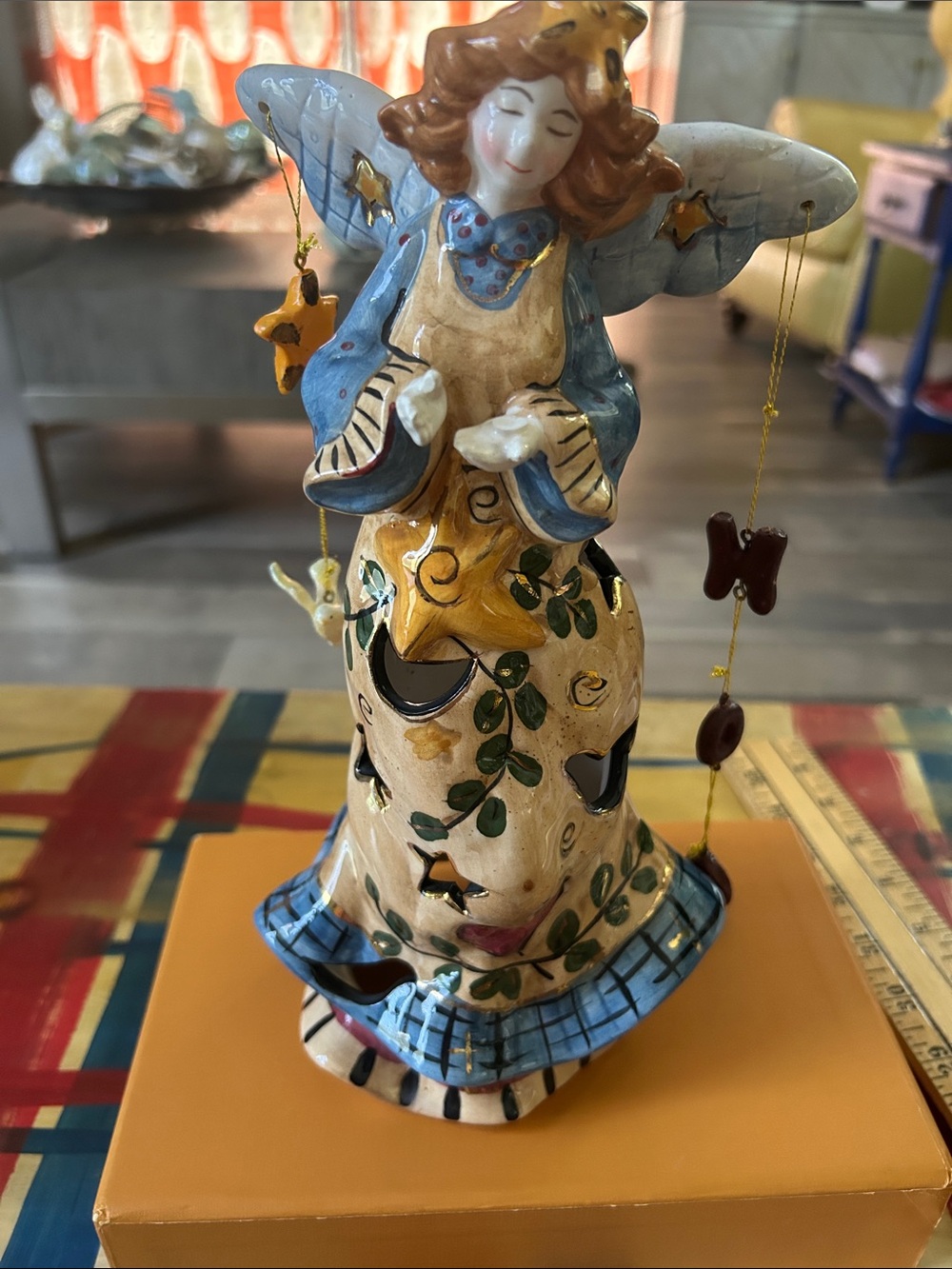 Blue SkyHand-Painted Angel Figurine Lantern - Blue, Yellow, Cream very Detailed - Picture 2 of 12